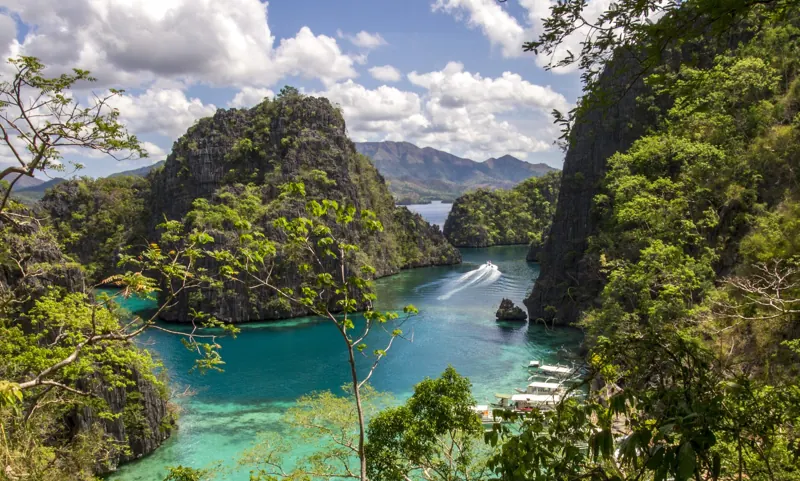 Islotes de roca cubiertos de selva y una caleta turquesa con botes, vistos desde lo alto entre ramas de árboles.